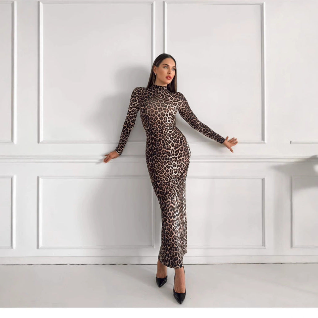Fashion Leopard Print Stand Collar Long Sleeve Long Dress