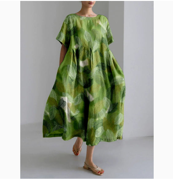 Womens 3D-printed Plus-size Loose-fit Short-sleeve Dress