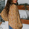 Orange Boho Floral Ruffled Bubble Sleeve V Neck Fall Blouse