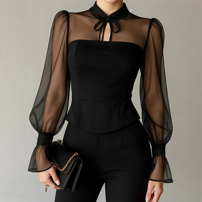 Stylish New Womens Blouse With An Elegant Puff-sleeve Neckline And Tie Detailing