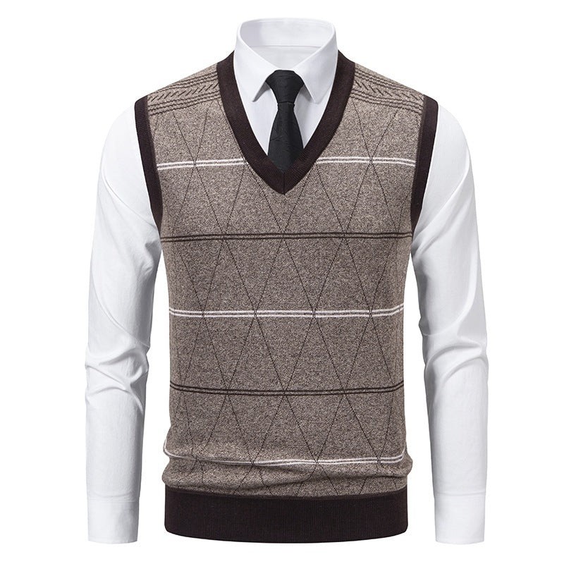 Autumn And Winter Fleece-lined Casual Dad's Diamond Vest Pullover