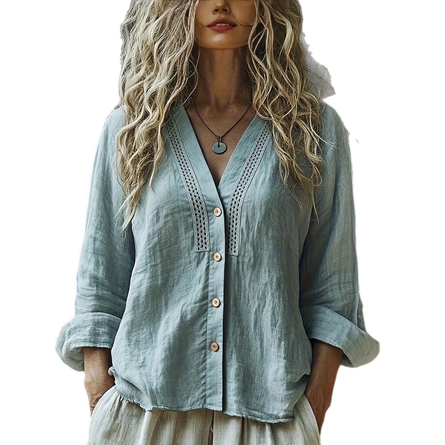 Camicia in lino da donna bohémien con scollo a V