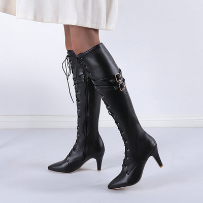 Autumn And Winter New Belt Buckle Stiletto Heel Front Lace-up High Leg Boot