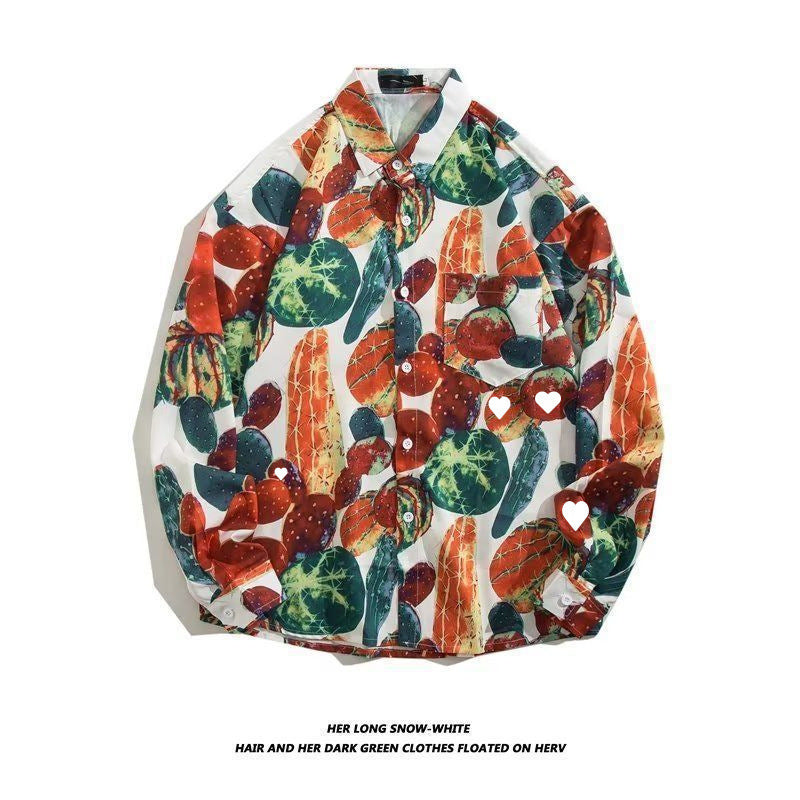 Men's Loose Hong Kong Style Retro Long Sleeve Printed Shirt