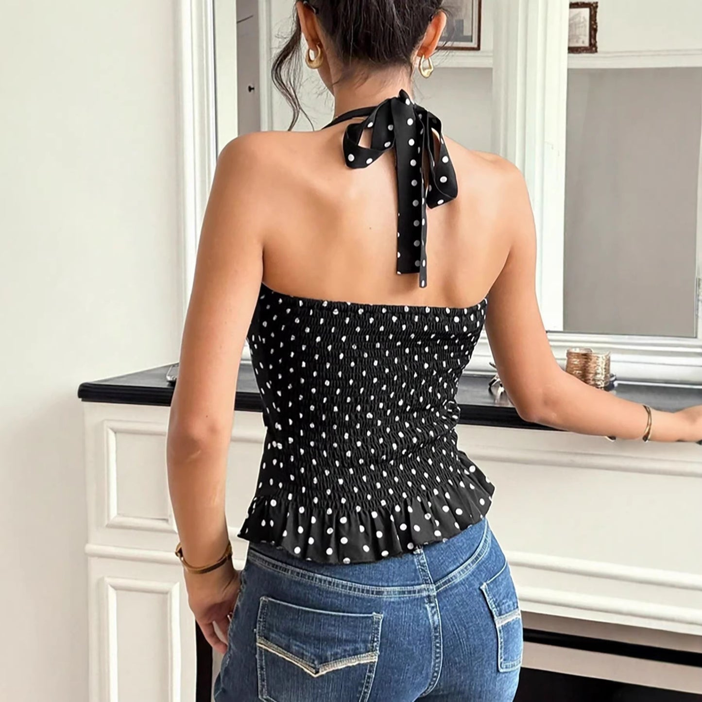 Top da donna a pois senza schienale con scollo all'americana