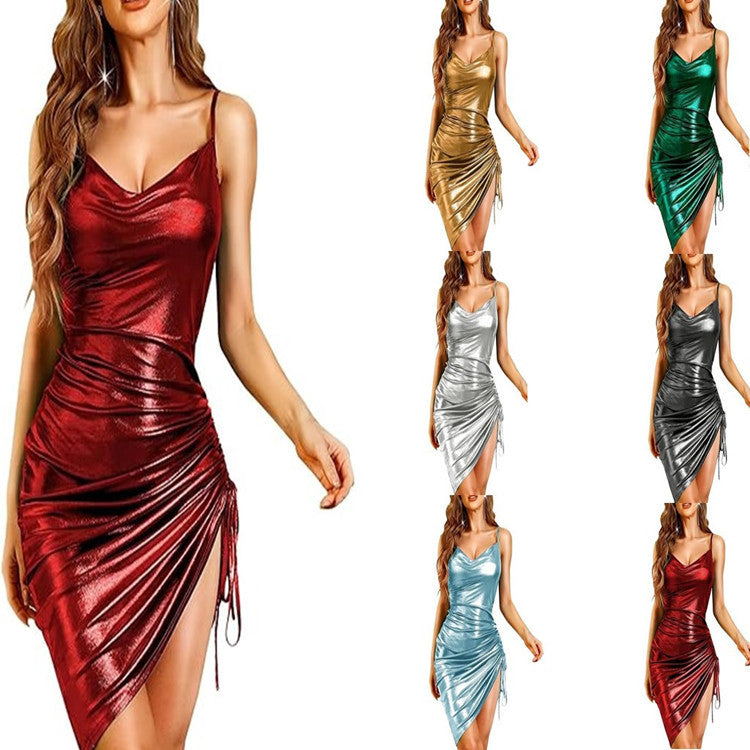 Womens Shiny Ruffled Bodycon Midi Dress