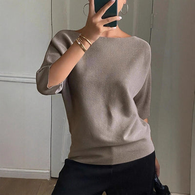 Womens Fashionable Elegant Knitted T-Shirt With Three-Quarter Sleeves And Boat Neckline