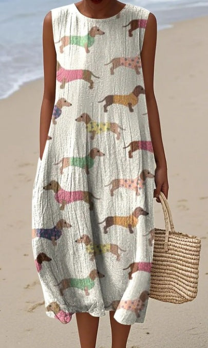 Pocketed Crew-neck Dress With Geometric And Floral Elements