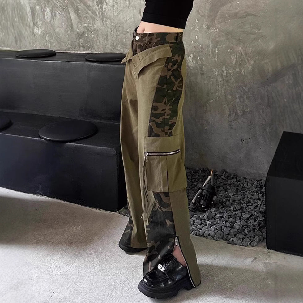 Retro High Waist Tooling Pants Fake Two Stitching Leopard Print Jeans