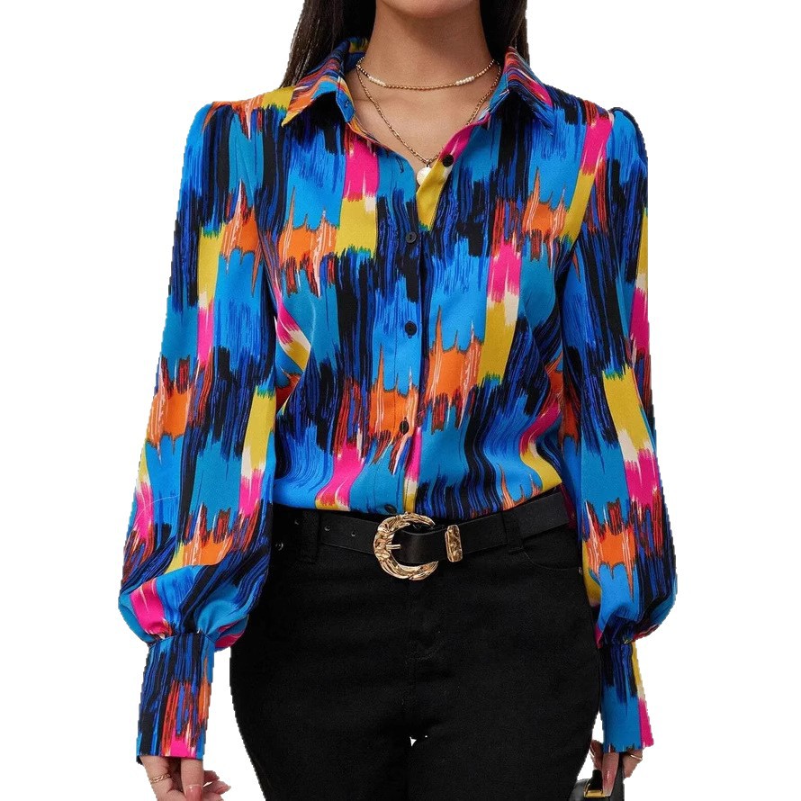 Womens Fashion Printed Lantern Sleeve Colorblock Loose Top