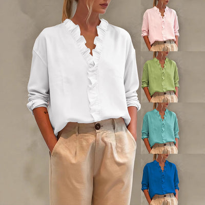 Camicetta da donna casual a maniche lunghe con scollo a V e bordo in pizzo