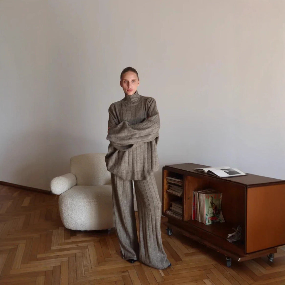 Elegant Solid Color Vertical Stripe Sweater Wide Leg Pants Two-piece Set