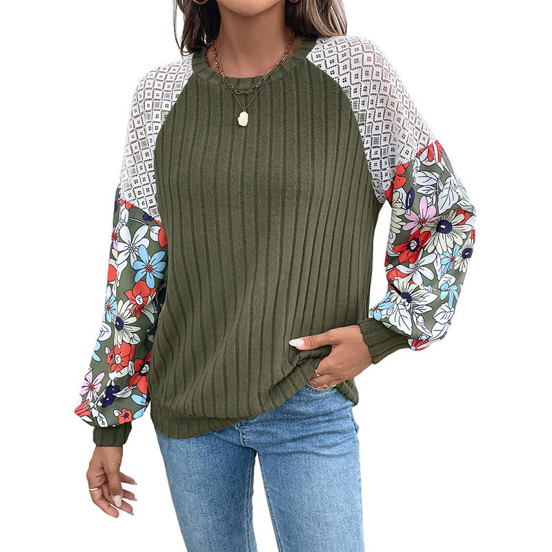 Cross-border Knitted Top With Crew Neck And Floral Patchwork Design