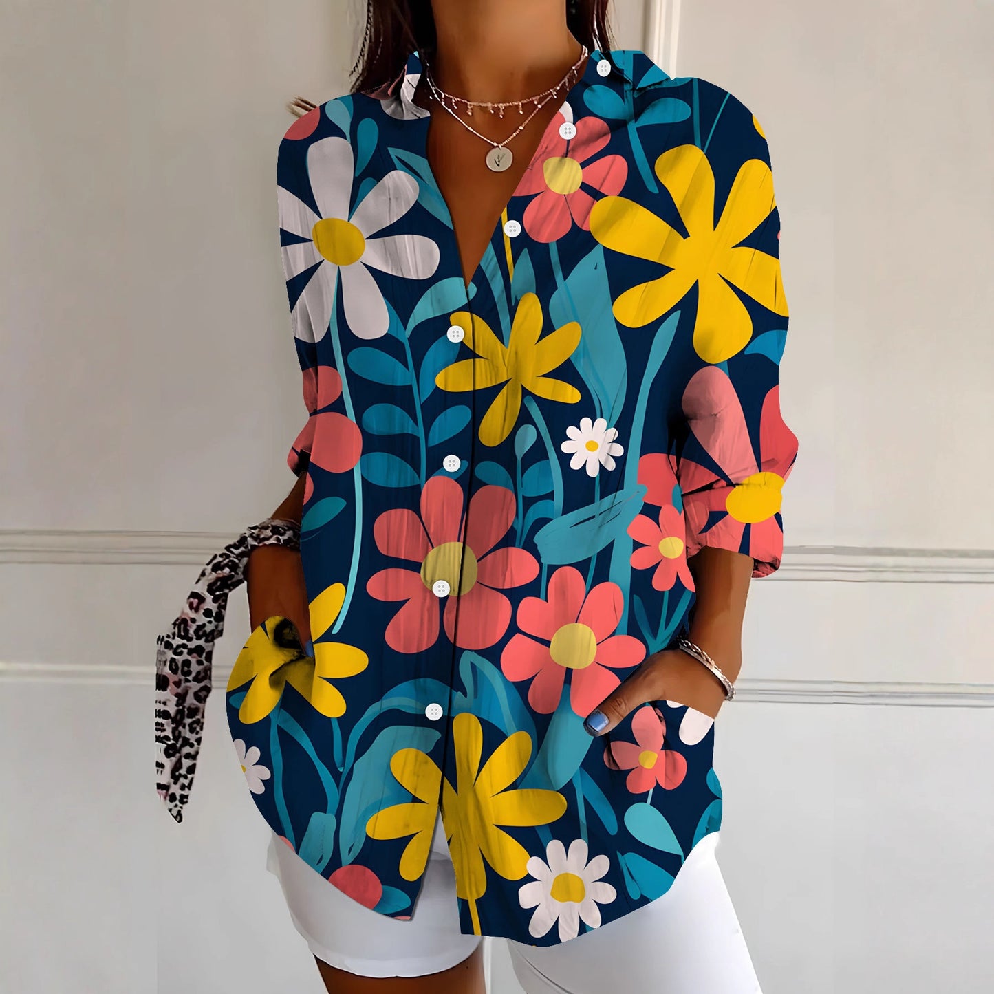 Camicia da donna a maniche lunghe, stampa floreale retrò ed elegante