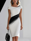 Elegant Black-and-white Contrast Long-sleeve Slim-fit Midi Dress