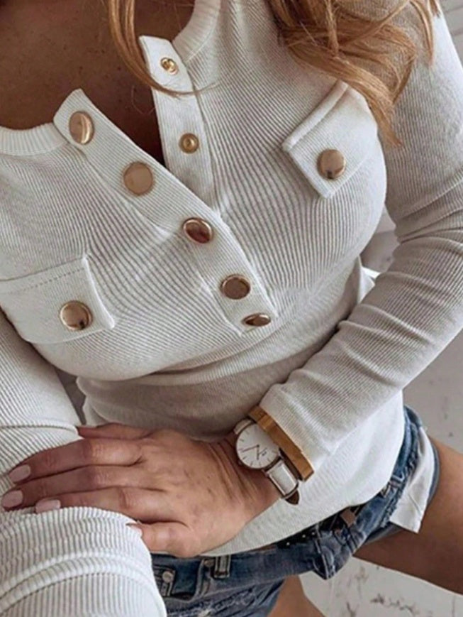 Maglietta a maniche lunghe con colletto quadrato casual slim fit, mezza zip e fibbie in metallo, tessuto autunnale per donna