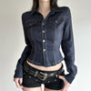 Retro Style Blue Flanging V-neck Shirt Long Sleeve T-shirt