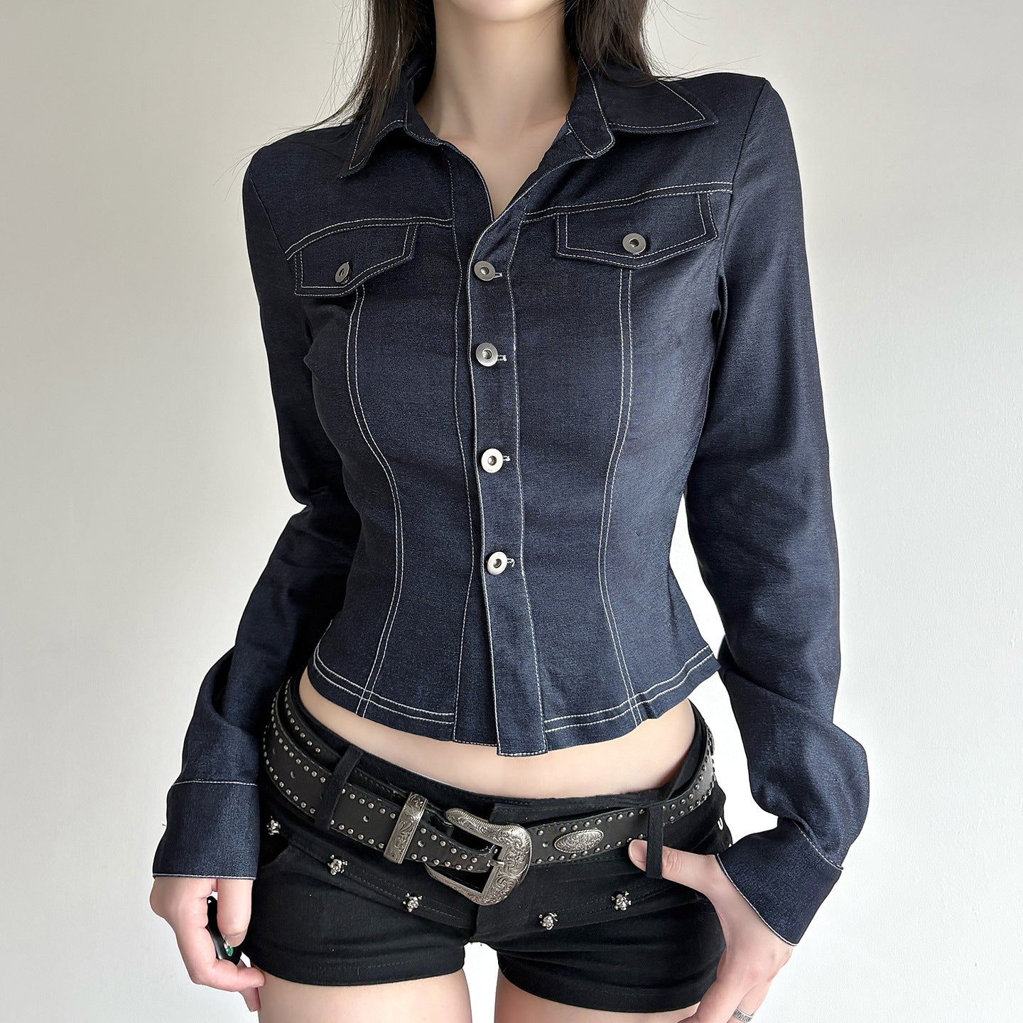 Retro Style Blue Flanging V-neck Shirt Long Sleeve T-shirt