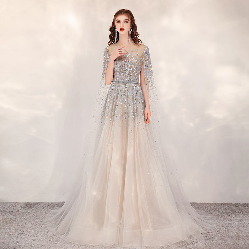 Vestito da Sera Lungo Elegante Maniche Svolazzanti Oro