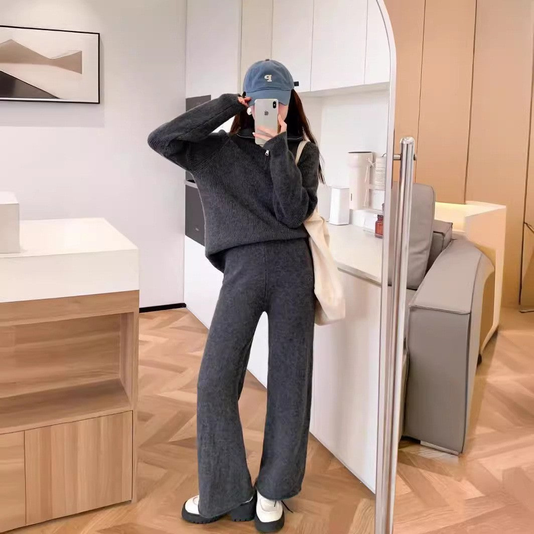 Cardigan lavorato a maglia con cerniera, pantaloni larghi a tinta unita, set da due pezzi