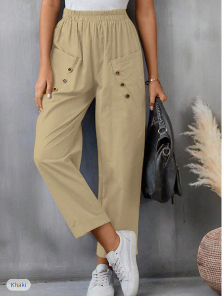Women's Cotton And Linen Trousers Fashion Street Style Solid Color Pocket Elastic Waist Comfortable Casual Pants