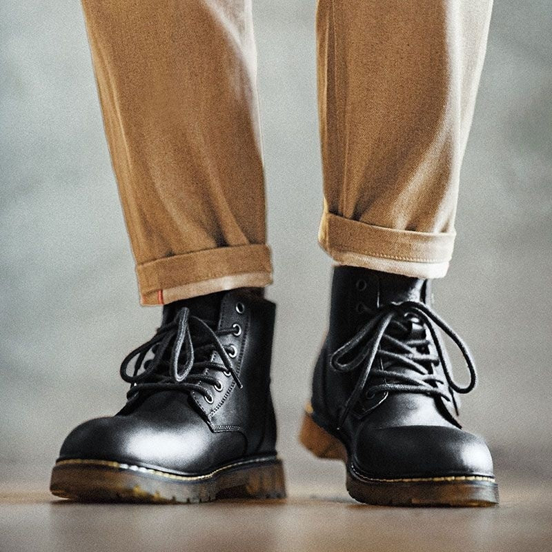 Retro Black Mid-top Round Head Ankle Boots