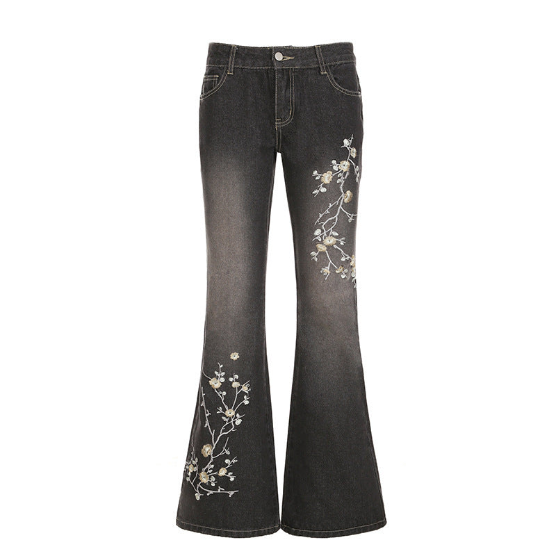 Pantaloni casual in denim con ricamo floreale