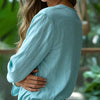 Loose Solid Color V-neck Nine Quarter Sleeved Cotton And Linen T-shirt