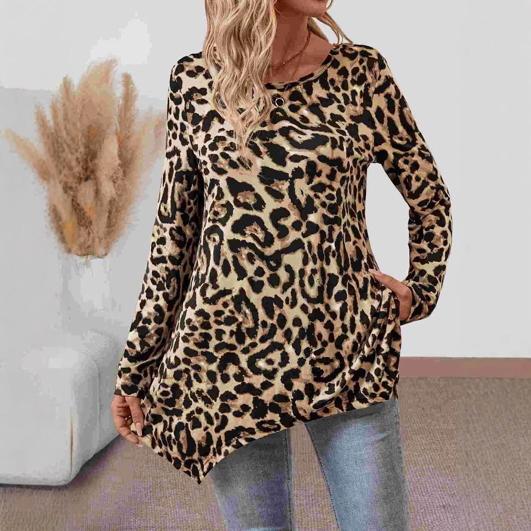 Loose-fitting Casual Round-neck Leopard Print Knitted Asymmetric Hem Top