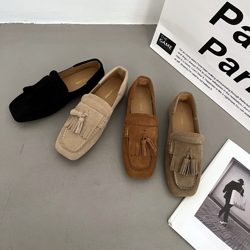 Square Head Soft Sole Shoes Women's All-matching Tassel Shallow Mouth Non-slip One Pedal Loafer