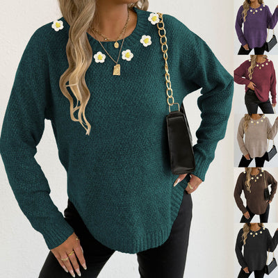 Women's Crochet Patchwork Round Neck Comfort And Casual Sweater
