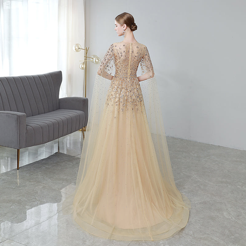 Vestito da Sera Lungo Elegante Maniche Svolazzanti Oro