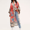 Coral-red Crane-and-flower Kimono Dress With Red Floral Accentssun-protective Cardigan-style Vacation Dress