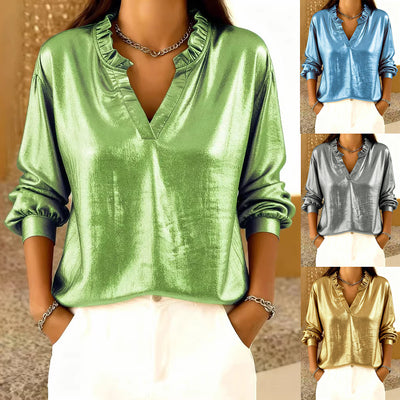Camicia da donna a maniche lunghe a tinta unita, vestibilità ampia, con collo alla coreana