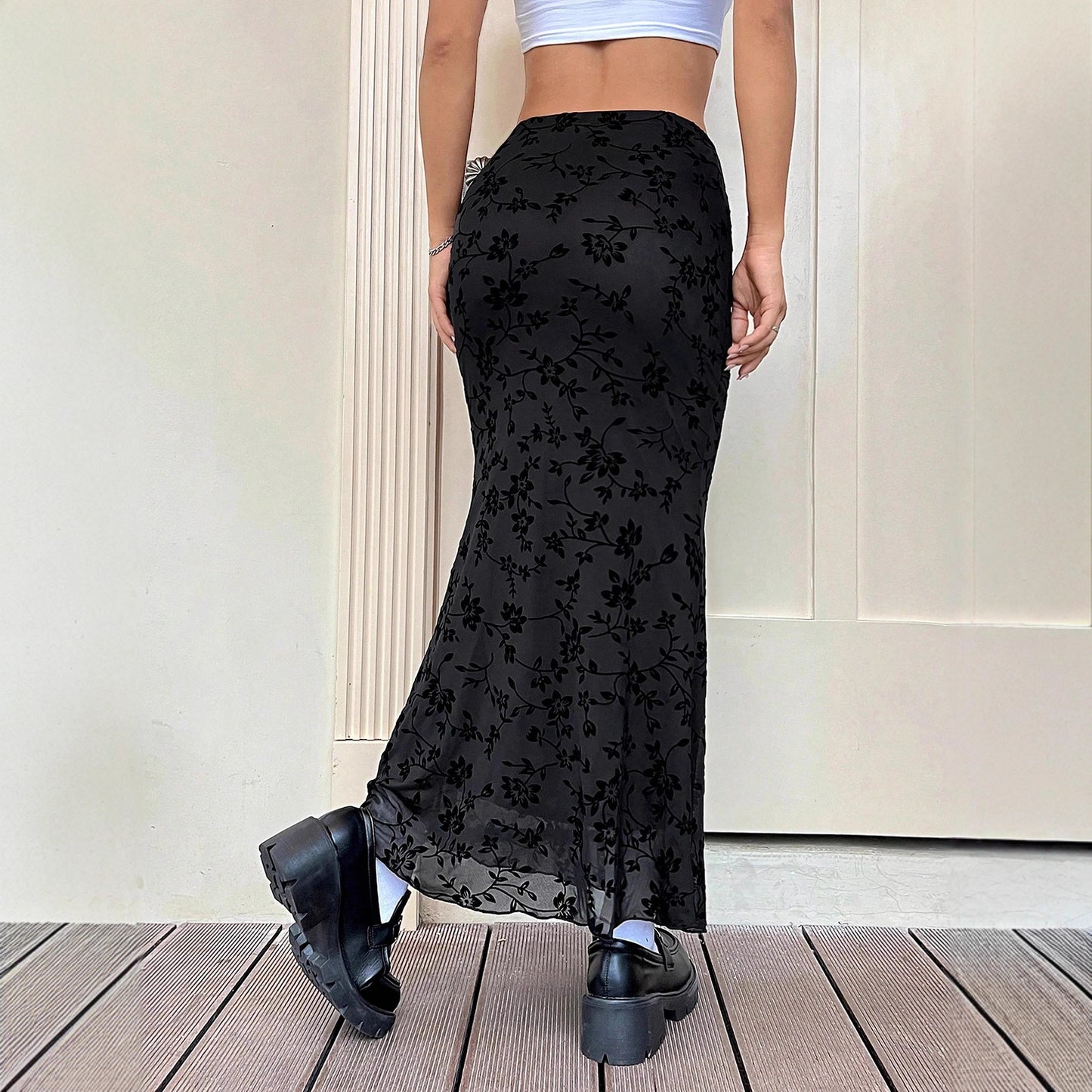 Gonna a sirena a mezza lunghezza con stampa floreale verde scuro per donna