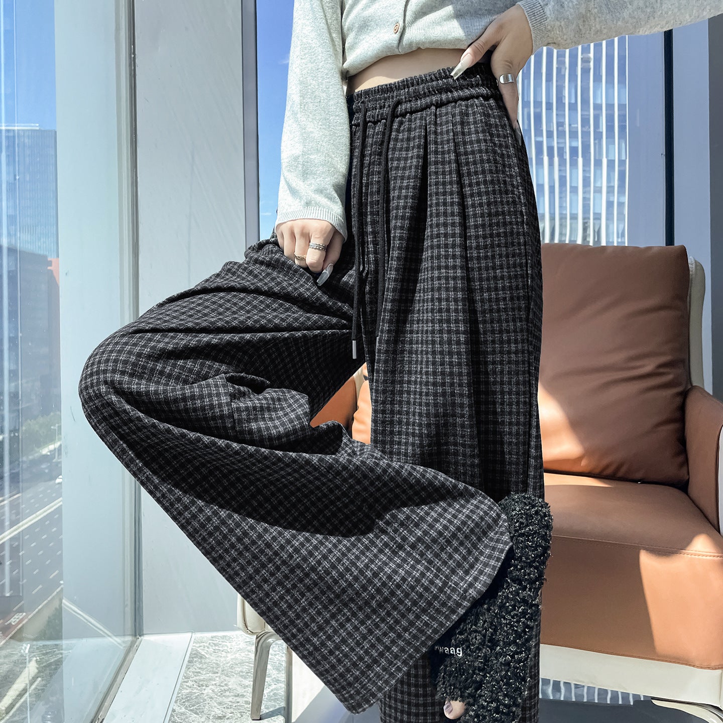 Autumn And Winter Lattice Loose Pants Women's High Waist Slimming Loose Straight