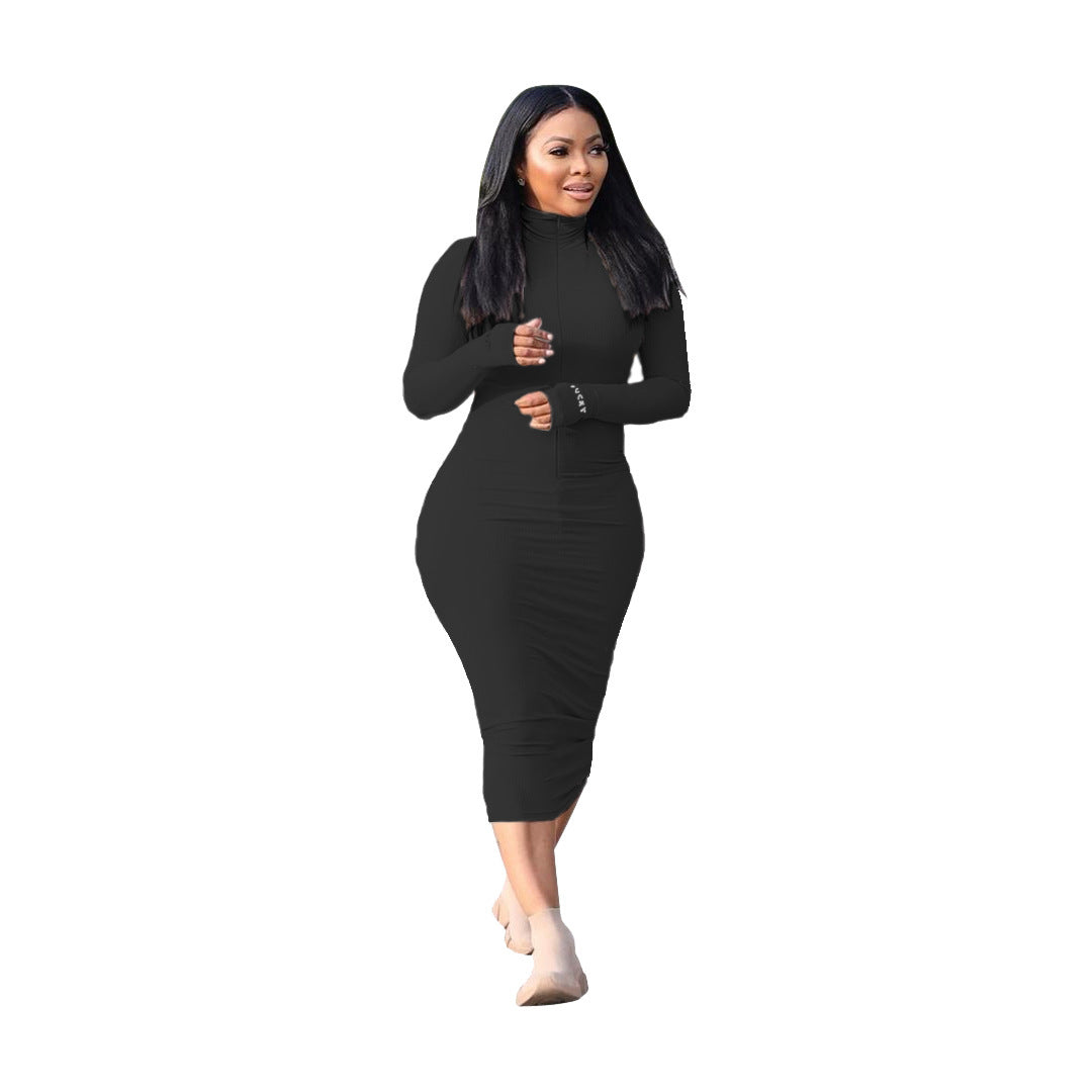 Abito casual alla moda con maniche lunghe ricamate a righe in tinta unita e lettere