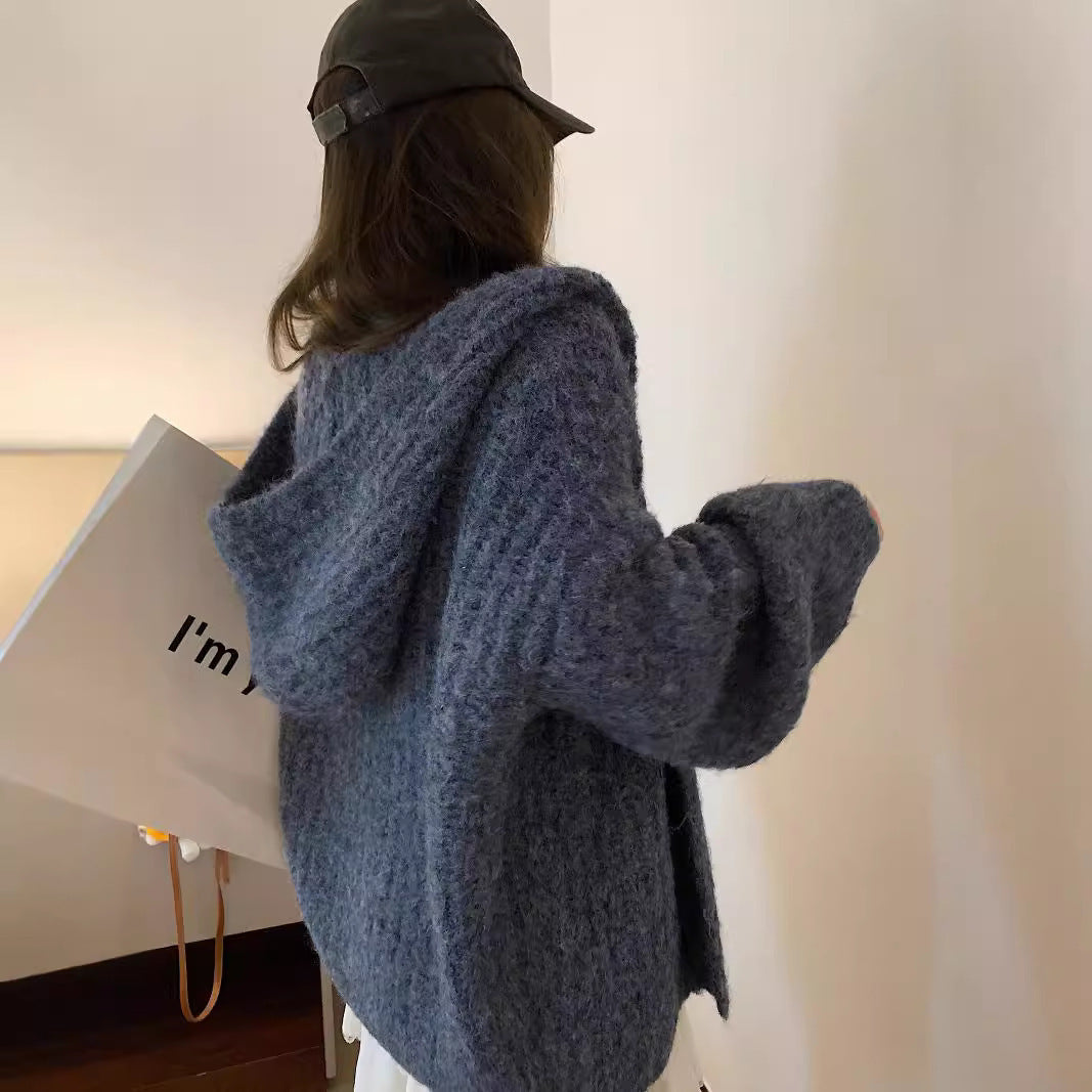 Retro Maillard Hooded Sweater Cardigan For Women