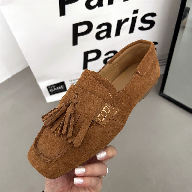 Square Head Soft Sole Shoes Women's All-matching Tassel Shallow Mouth Non-slip One Pedal Loafer