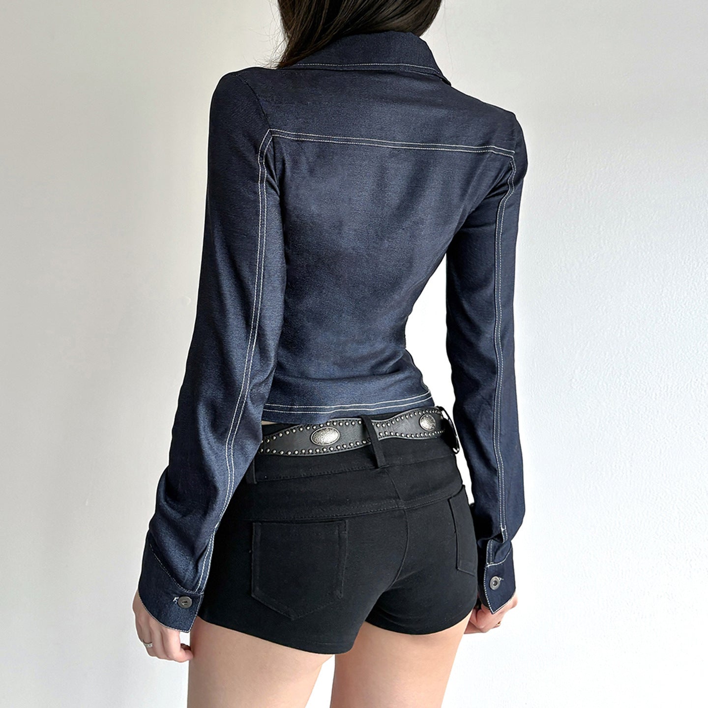 Retro Style Blue Flanging V-neck Shirt Long Sleeve T-shirt