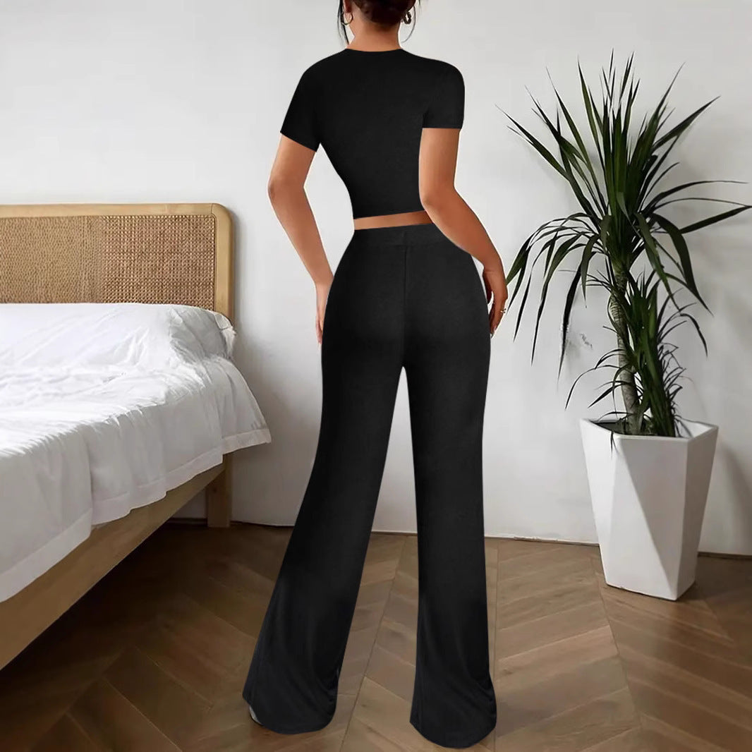 High Waist Pure Color Trousers Short Sleeve T-shirt Suit