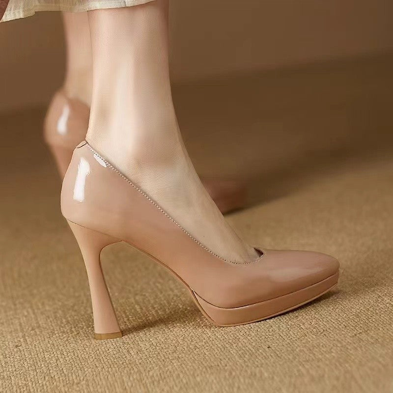 Low-cut Waterproof Platform Gentle Bright Leather Pumps Professional Women's Shoe