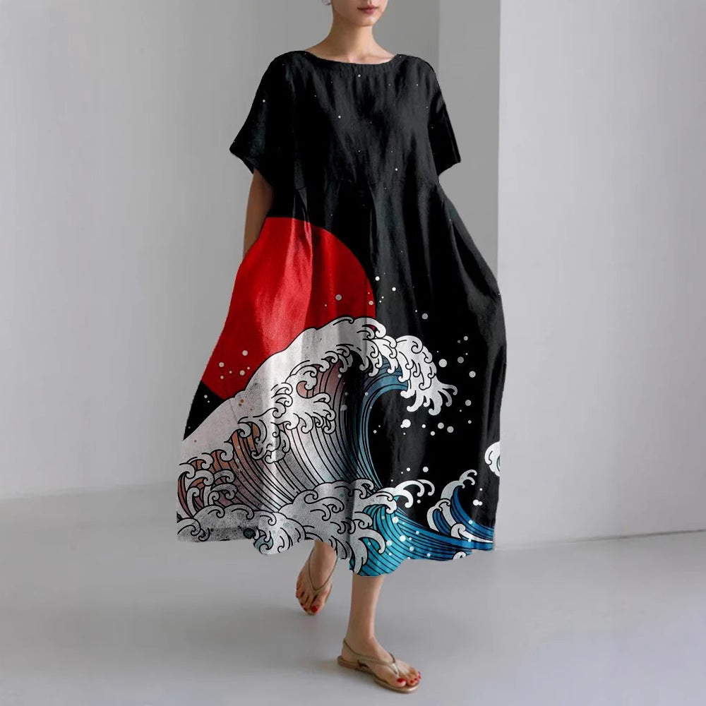 Womens Casual Short-Sleeve Loose Dress With A Crew Neck And Digital Print Pattern