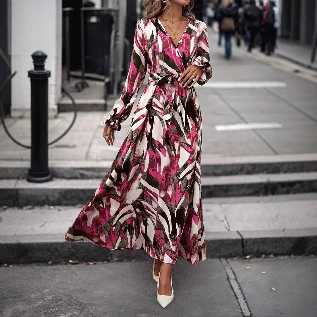 V-neck Printed Waist-controlled Lace-up Bohemian Dress