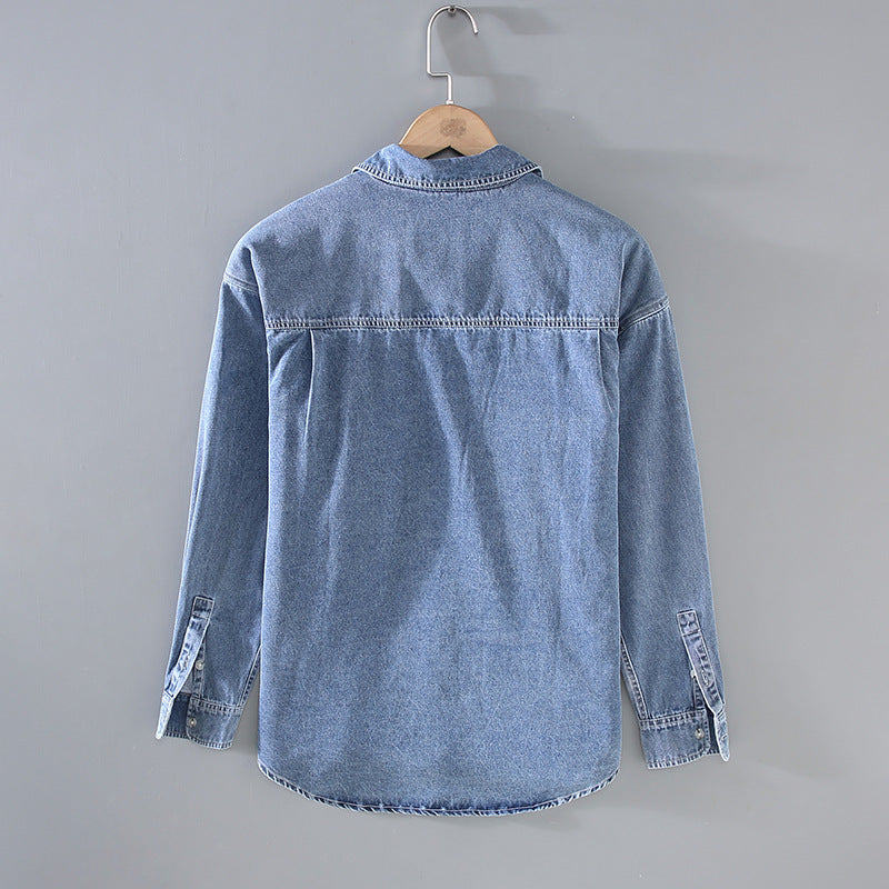 Japanese-style Retro Rewash Double Bag Men's Long Sleeve Light Color Denim Shirt