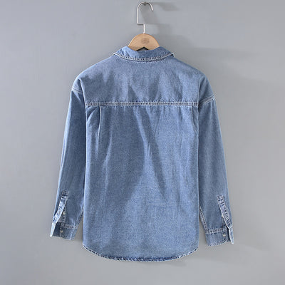 Japanese-style Retro Rewash Double Bag Men's Long Sleeve Light Color Denim Shirt
