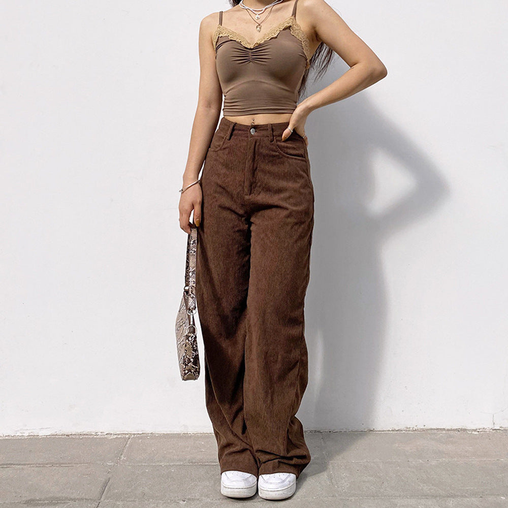 Corduroy High Waist Casual Long Slim Straight Wide Leg Pants