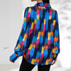 Womens Fashion Printed Lantern Sleeve Colorblock Loose Top
