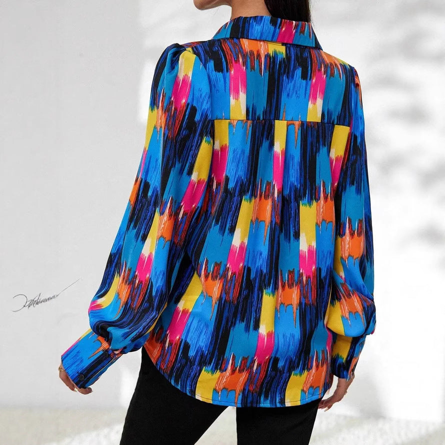 Womens Fashion Printed Lantern Sleeve Colorblock Loose Top
