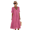 Casual Loose Fitting Long Skirt With Short Sleeves And A V Neck In Solid Color Cotton Linen Fabric